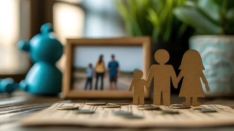 Figurines représentant une famille posées devant des pièces de monnaie et une photo encadrée