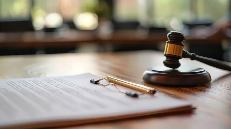 Marteau de juge posé près d'un dossier et d'un stylo sur une table